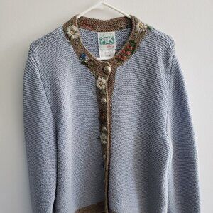 blue vintage hand-embroidered wool and silk sweater by Irmi Lanz Handstrickerei